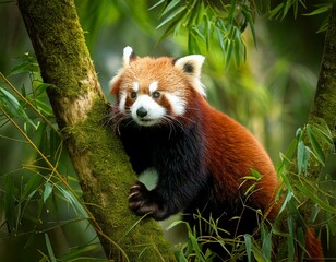 a red panda climbing bamboo in the Himalaya Forest