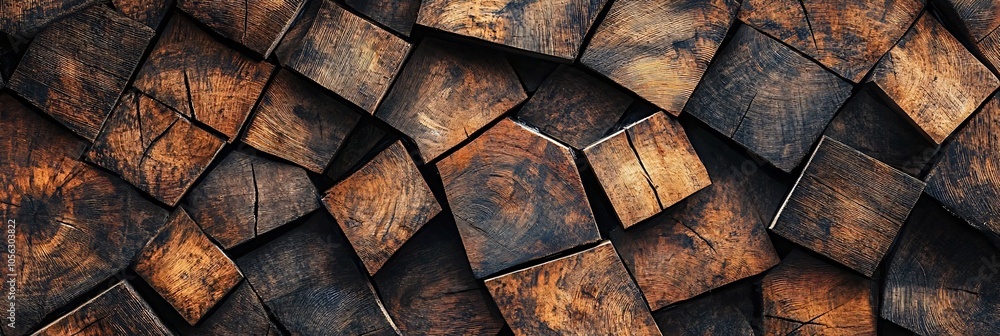 Poster intricate patterns emerge from the arrangement of dark, textured wooden blocks, creating a captivati