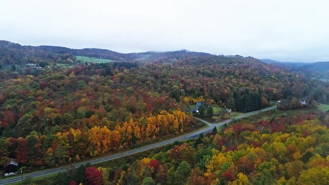Aerial of fall foliage in the Catskill Mountains in Sullivan county, NY, USA