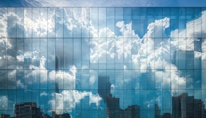 Obraz premium Urban Reflection: Clouds reflect on the glass facade of skyscrapers, merging nature with urban architecture.