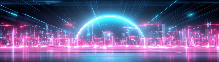 Obraz premium Futuristic Synthwave Illustration of a Virtual Reality Space with Neon Lights and Cityscape Elements