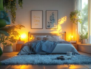 Fresh start with glowing AR goal-setting visuals, cozy morning light, soft warm lighting, photorealistic