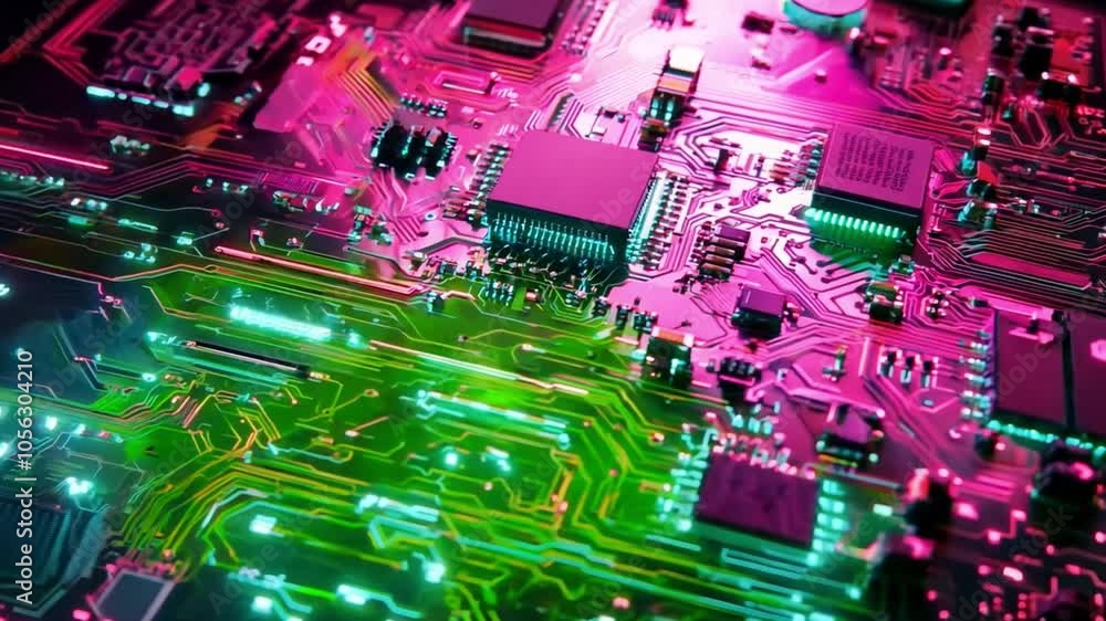 Poster vibrant close-up of a circuit board with colorful led lights illuminating intricate connections and 