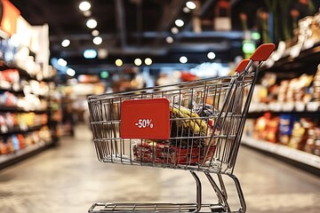 Metal shopping cart filled with groceries and a prominent 50 percent discount sign stands in a brightly lit supermarket aisle, suggesting a promotional offer or sale