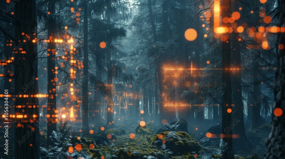 Poster futuristic forest glowing with digital orange lights and bokeh effect in a dark and mysterious atmos