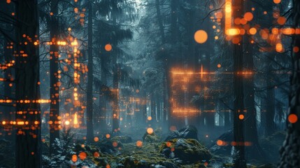 Futuristic forest glowing with digital orange lights and bokeh effect in a dark and mysterious atmosphere, creating a magical and otherworldly ambiance