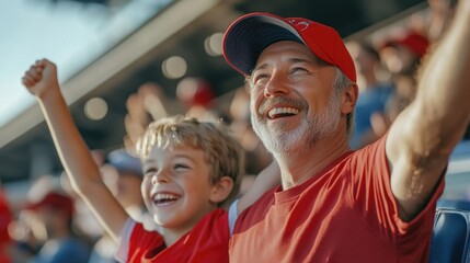 relationship and family concept picture of a father and his son as fan club cheer American football team at Gridiron stadium.