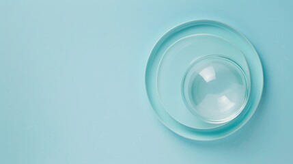 Top view of circle dish and clear ball on light blue paper background with empty space for displaying cosmetic products, food, and props.