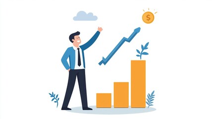 Businessman celebrating growth with rising graph and dollar sign