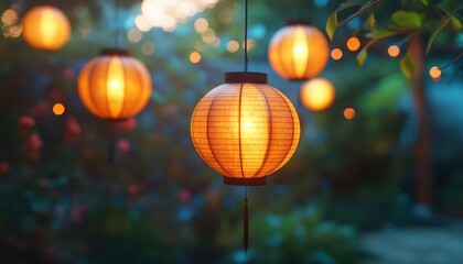 Fototapeta premium Glowing lanterns with AR light-up effects, dynamic outdoor party setting, soft ambient lighting, photorealistic