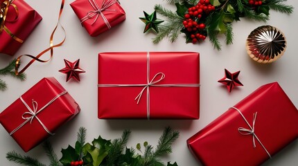Bright red presents adorned with ribbons are arranged among festive foliage, sparkling stars, and holiday decorations, creating a cheerful holiday atmosphere perfect for celebrations
