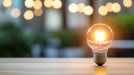 Bright light bulb glowing on wooden table with blurred background