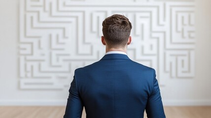 man in blue suit stands facing maze like wall, contemplating strategy