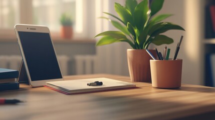 Fototapeta premium Desk setup with stationery, notebook, smartphone, and plant