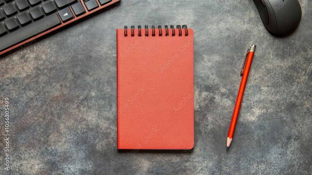 Poster Notebook with pencil on gray background, surrounded by keyboard and mouse