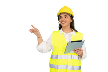 Skilled Latina engineer discussing plans at a construction site