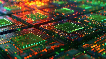 Obraz premium Abstract Close-Up of a Circuit Board with Glowing Lights