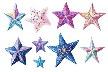 Watercolor stars clipart set, isolated on white background