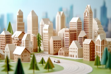 A detailed miniature cityscape showcasing diverse architectural styles and greenery.