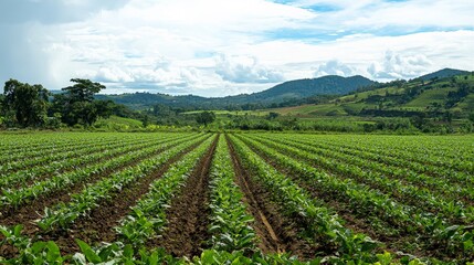 A panoramic view of a farm with biochar-treated fields, showing improved crop growth and reduced water usage