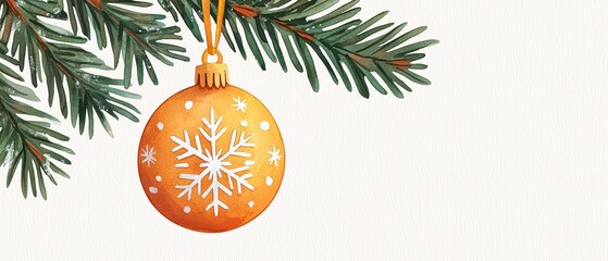 A festive orange Christmas ornament hanging from a pine branch on a white isolated background.