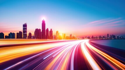 Vibrant city skyline at sunset with light trails from vehicles