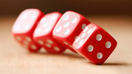 Red dice arranged in line on wooden surface, showcasing fun and chance