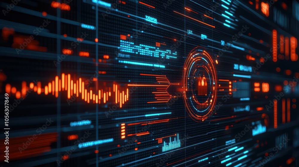 Poster abstract digital interface with glowing lines and data visuals on a dark background.