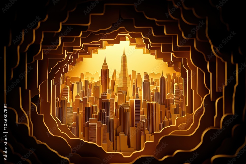 Poster abstract view of a city skyline through a tunneled perspective with warm colors, creating an intrigu