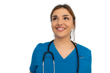 Smiling young Latina nurse in scrubs