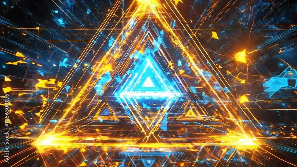 Poster dynamic geometric patterns with blue and orange hues, creating an immersive experience in modern des