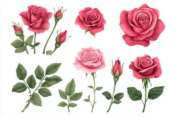 Beautiful bouquet of various pink roses with leaves on a white isolated background.