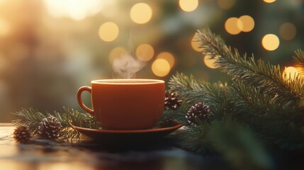 Holiday scene with fir and coffee cup