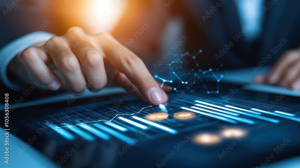 Aufkleber business professional analyzing data on a digital tablet with graphs and charts.