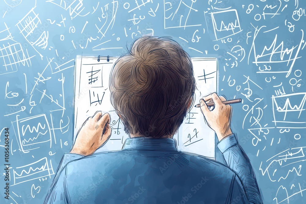 Poster businessman analyzing charts and graphs on a blue background, focused on strategy and data interpret