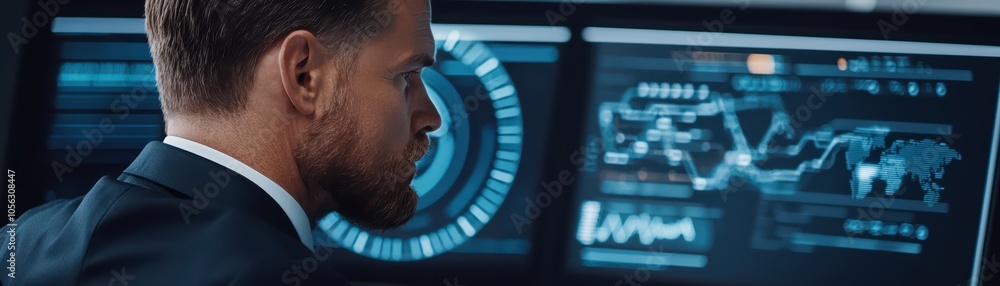Poster businessman analyzing data on multiple screens in modern office setting.