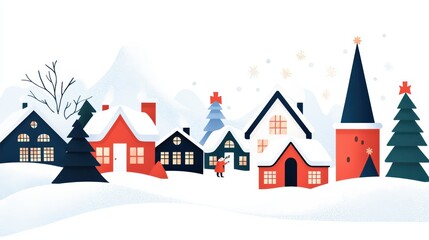 Charming snowy village scene with festive buildings and trees, ideal for holiday themes.