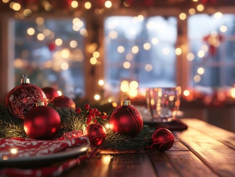 Red and green decorations with glowing AR customization tools, cozy holiday home setting, soft warm lighting, photorealistic