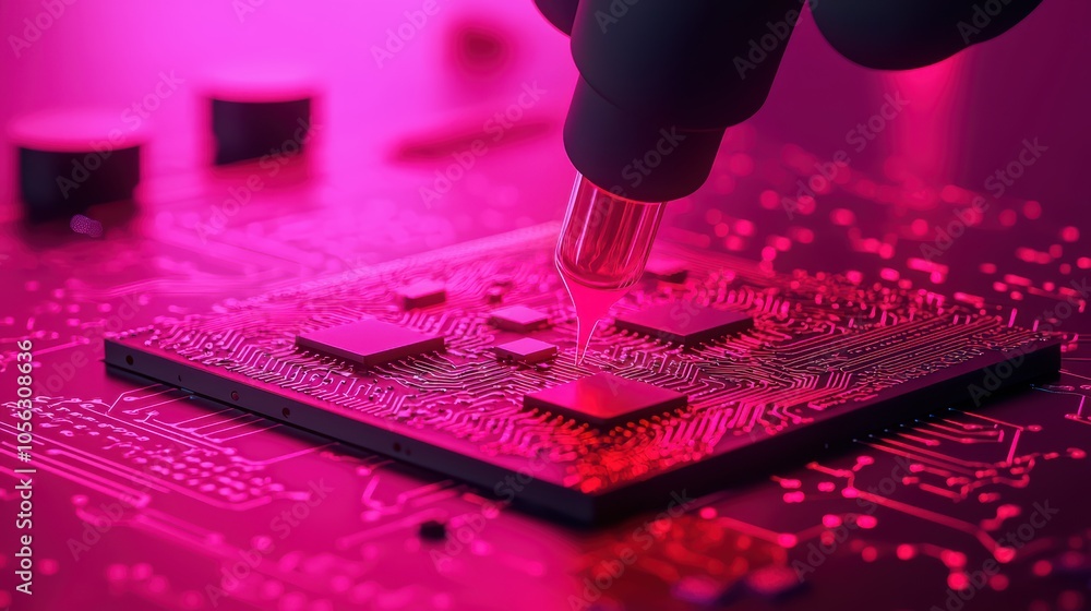 Poster close-up of a circuit board with a pipette, illuminated in pink light, showcasing intricate electron
