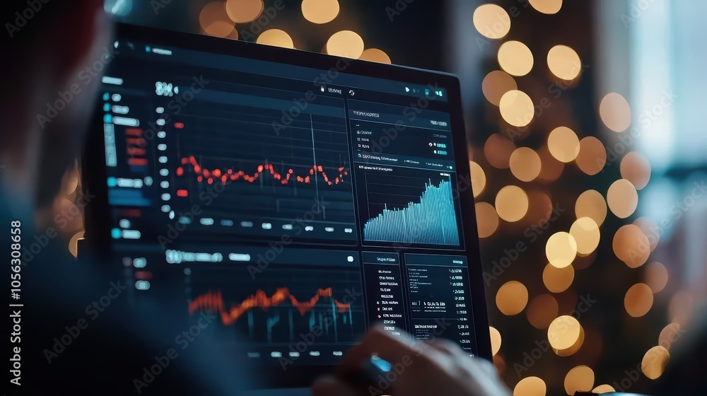 Poster close-up of a digital screen displaying analytics and graphs with bokeh lights in the background.