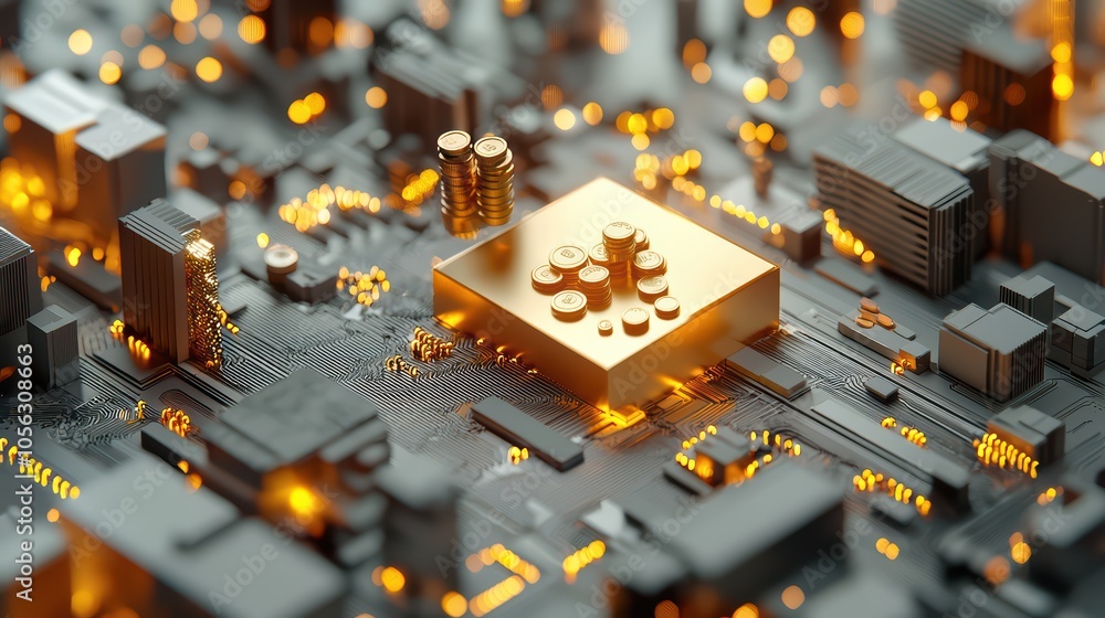 Aufkleber close-up of a golden processor on a circuit board with glowing elements, showcasing modern technolog