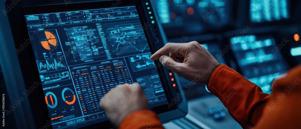 Poster close-up of a hand interacting with a touchscreen display in a tech environment.