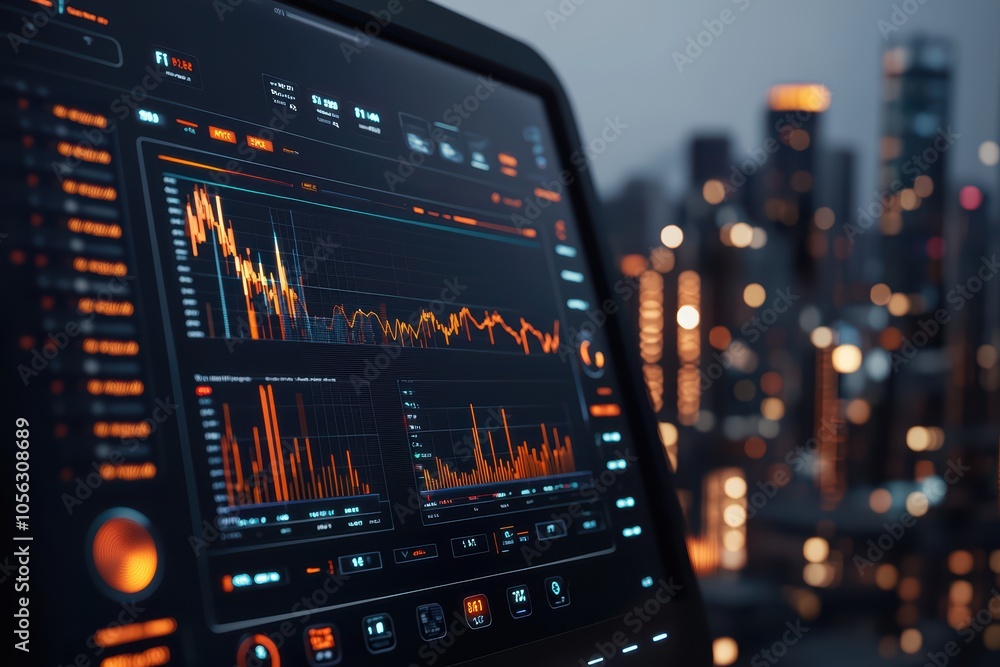 Poster close-up of a high-tech dashboard displaying data analytics in an urban night setting.