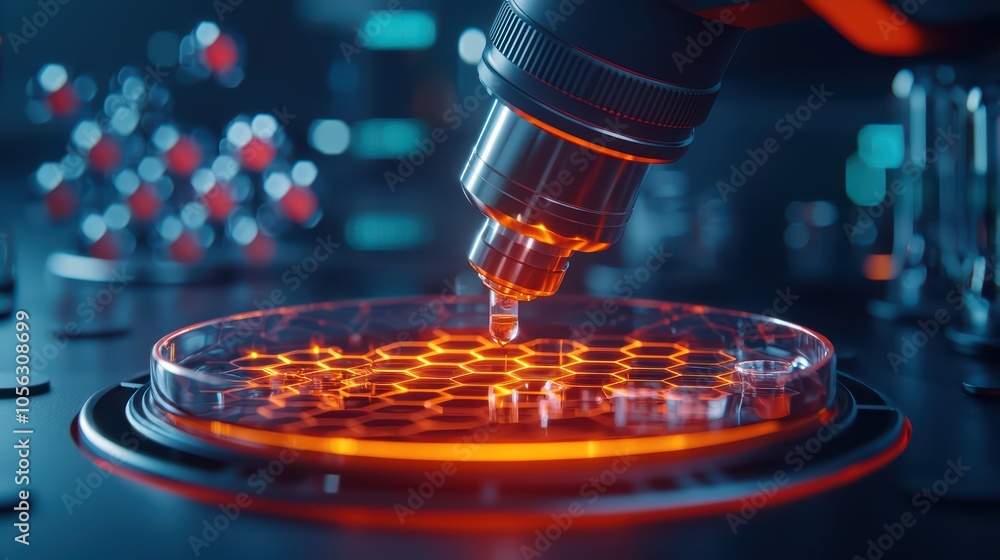 Poster close-up of a microscope examining a petri dish, featuring glowing hexagonal patterns.