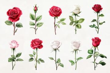 Naklejka premium Collection of different colored roses on a white background, showcasing beauty and elegance.