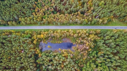Autumn nameless lake from above in Lithuanian forests, Dzukija National Park territory