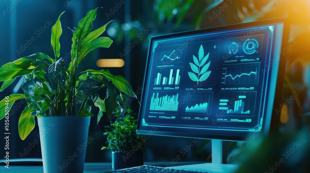Poster computer monitor displaying data analysis with a plant beside it in a modern workspace.