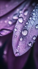 Macro closeup of dewy purple flower petals showing tiny water droplets