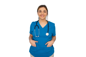 Smiling young Latina nurse in scrubs