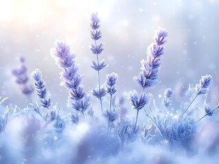 A serene winter scene featuring frosted lavender plants glistening in soft sunlight, creating a tranquil atmosphere filled with delicate hues of blue and white.